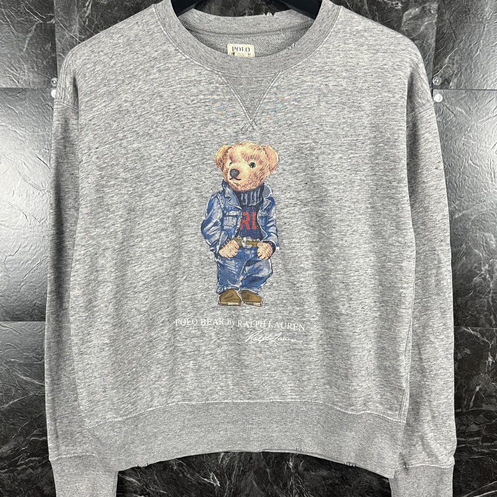 Polo Ralph Lauren Women's Grey Vtg USA Polo Bear Sweatshirt Medium